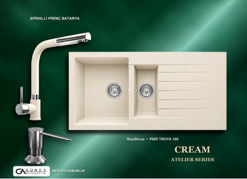 Güney Ankastre RealStone Krem Atelier Evye Batarya Seti - Troya 100 P005 100x50 cm + Spiralli Pirinç Batarya + Inox Sıvı Sabunluk