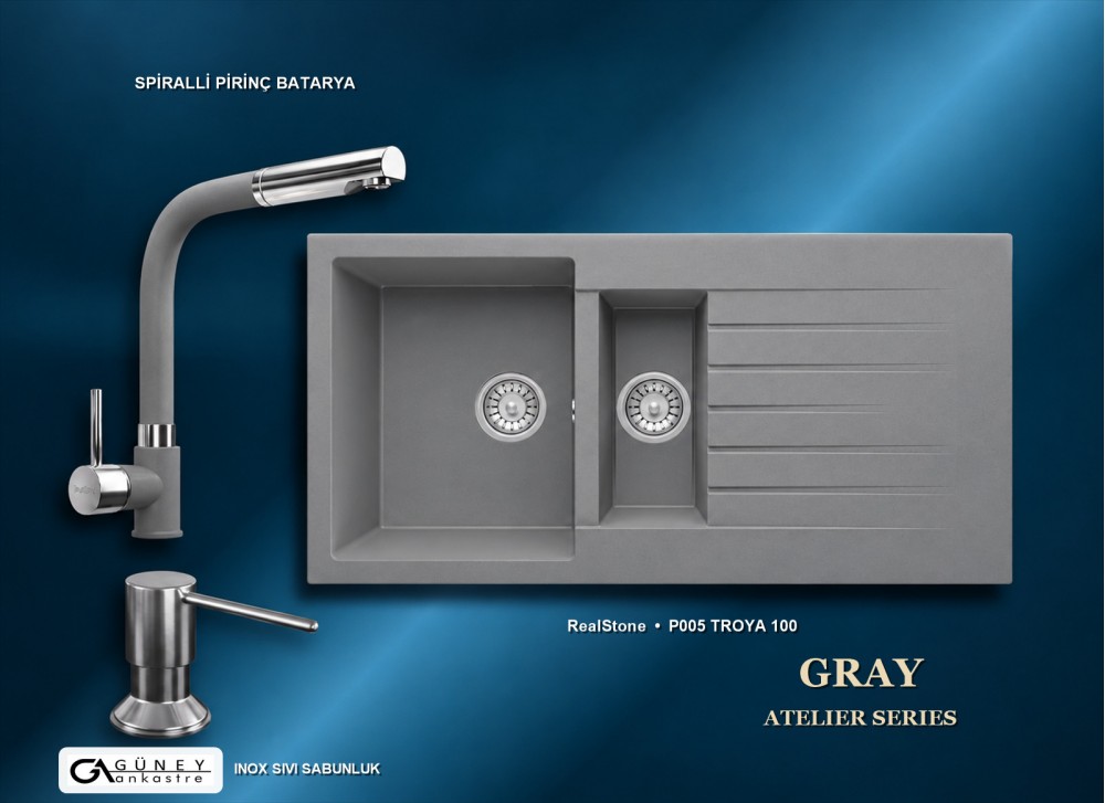 Güney Ankastre RealStone Gri Atelier Evye Batarya Seti - Troya 100 P005 100x50 cm + Spiralli Pirinç Batarya + Inox Sıvı Sabunluk Güney Ankastre RealStone Gri Atelier Evye Batarya Seti - Troya 100 P005 100x50 cm + Spiralli Pirinç Batarya + Inox Sıvı Sabunluk