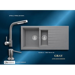 Güney Ankastre RealStone Gri Atelier Evye Batarya Seti - Troya 100 P005 100x50 cm + Spiralli Pirinç Batarya + Inox Sıvı Sabunluk