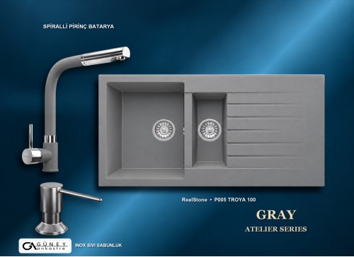Güney Ankastre RealStone Gri Atelier Evye Batarya Seti - Troya 100 P005 100x50 cm + Spiralli Pirinç Batarya + Inox Sıvı Sabunluk