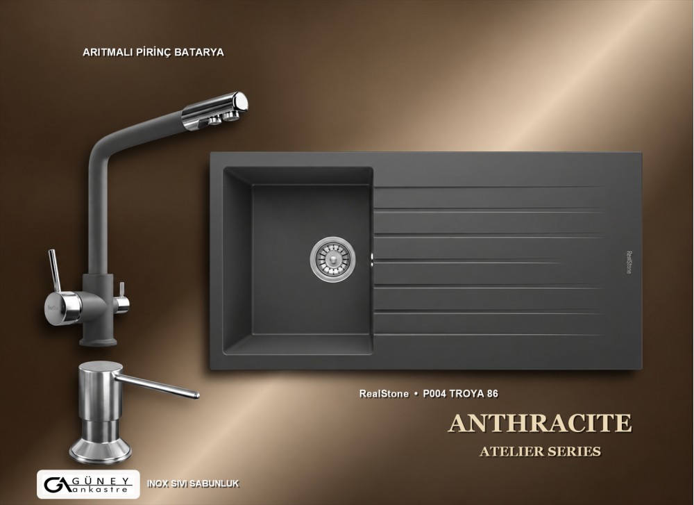 Güney Ankastre RealStone Antrasit Atelier Evye Batarya Seti - Troya 86 P004 86x50 cm + Arıtmalı Pirinç Batarya + Inox Sıvı Sabunluk Güney Ankastre RealStone Antrasit Atelier Evye Batarya Seti - Troya 86 P004 86x50 cm + Arıtmalı Pirinç Batarya + Inox Sıvı Sabunluk