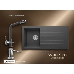 Güney Ankastre RealStone Antrasit Atelier Evye Batarya Seti - Troya 86 P004 86x50 cm + Arıtmalı Pirinç Batarya + Inox Sıvı Sabunluk