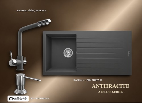 Güney Ankastre RealStone Antrasit Atelier Evye Batarya Seti - Troya 86 P004 86x50 cm + Arıtmalı Pirinç Batarya + Inox Sıvı Sabunluk