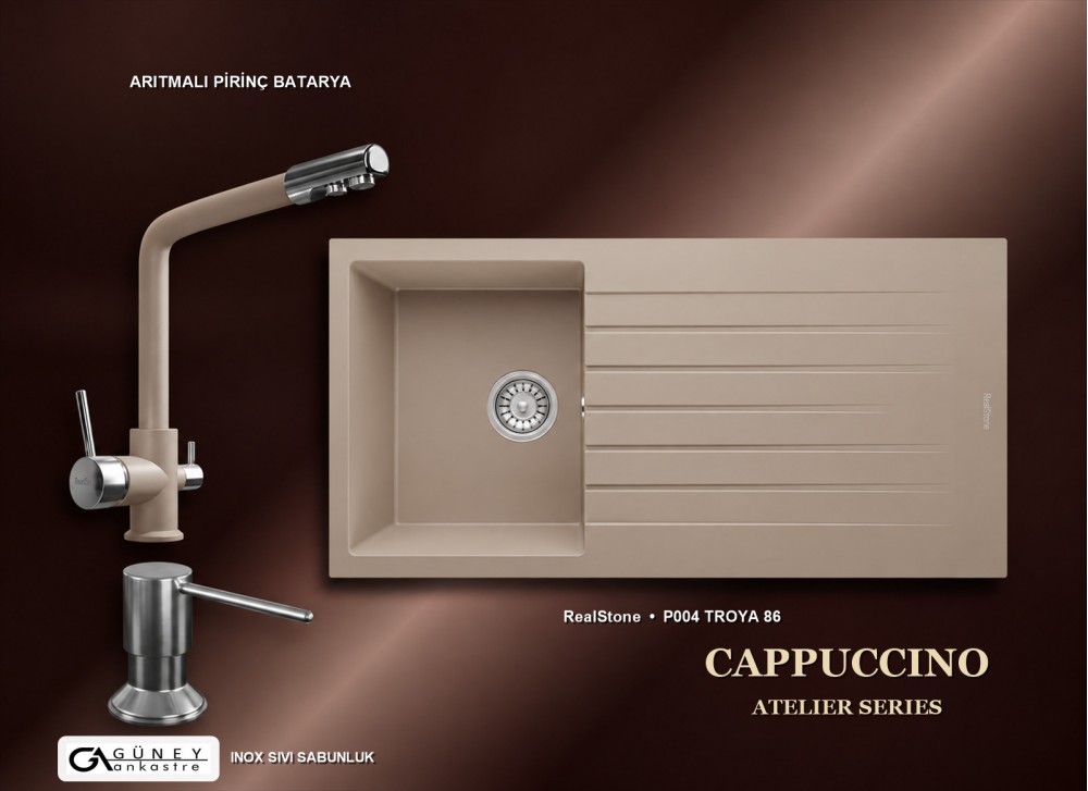 Güney Ankastre RealStone Cappuccino Atelier Evye Batarya Seti - Troya 86 P004 86x50 cm + Arıtmalı Pirinç Batarya + Inox Sıvı Sabunluk Güney Ankastre RealStone Cappuccino Atelier Evye Batarya Seti - Troya 86 P004 86x50 cm + Arıtmalı Pirinç Batarya + Inox Sıvı Sabunluk