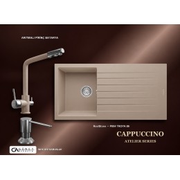 Güney Ankastre RealStone Cappuccino Atelier Evye Batarya Seti - Troya 86 P004 86x50 cm + Arıtmalı Pirinç Batarya + Inox Sıvı Sabunluk
