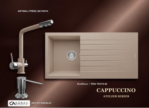 Güney Ankastre RealStone Cappuccino Atelier Evye Batarya Seti - Troya 86 P004 86x50 cm + Arıtmalı Pirinç Batarya + Inox Sıvı Sabunluk