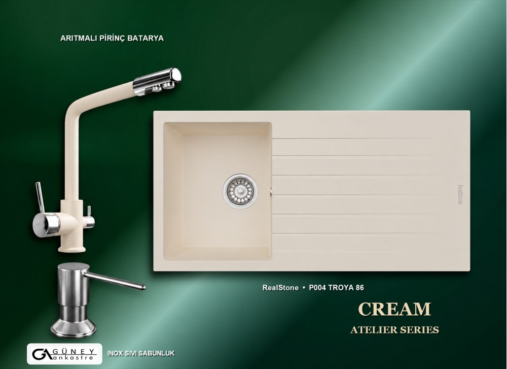 Güney Ankastre RealStone Krem Atelier Evye Batarya Seti - Troya 86 P004 86x50 cm + Arıtmalı Pirinç Batarya + Inox Sıvı Sabunluk Güney Ankastre RealStone Krem Atelier Evye Batarya Seti - Troya 86 P004 86x50 cm + Arıtmalı Pirinç Batarya + Inox Sıvı Sabunluk