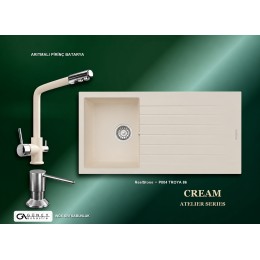 Güney Ankastre RealStone Krem Atelier Evye Batarya Seti - Troya 86 P004 86x50 cm + Arıtmalı Pirinç Batarya + Inox Sıvı Sabunluk