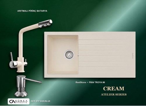 Güney Ankastre RealStone Krem Atelier Evye Batarya Seti - Troya 86 P004 86x50 cm + Arıtmalı Pirinç Batarya + Inox Sıvı Sabunluk