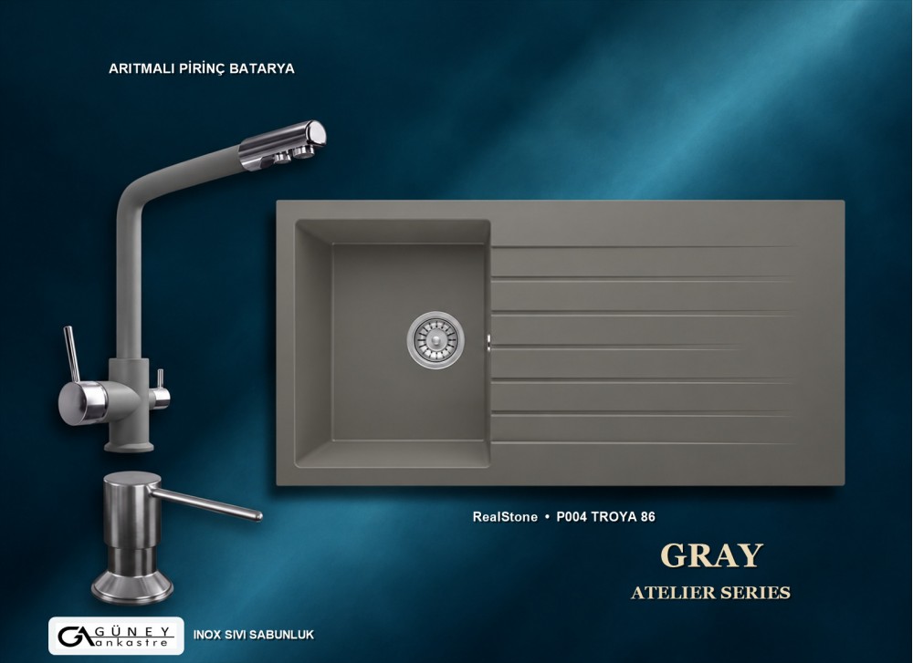 Güney Ankastre RealStone Gri Atelier Evye Batarya Seti - Troya 86 P004 86x50 cm + Arıtmalı Pirinç Batarya + Inox Sıvı Sabunluk Güney Ankastre RealStone Gri Atelier Evye Batarya Seti - Troya 86 P004 86x50 cm + Arıtmalı Pirinç Batarya + Inox Sıvı Sabunluk