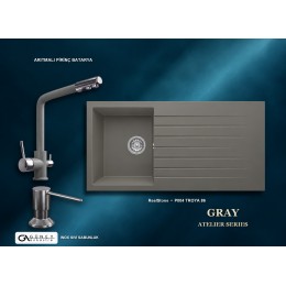 Güney Ankastre RealStone Gri Atelier Evye Batarya Seti - Troya 86 P004 86x50 cm + Arıtmalı Pirinç Batarya + Inox Sıvı Sabunluk