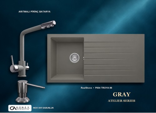 Güney Ankastre RealStone Gri Atelier Evye Batarya Seti - Troya 86 P004 86x50 cm + Arıtmalı Pirinç Batarya + Inox Sıvı Sabunluk