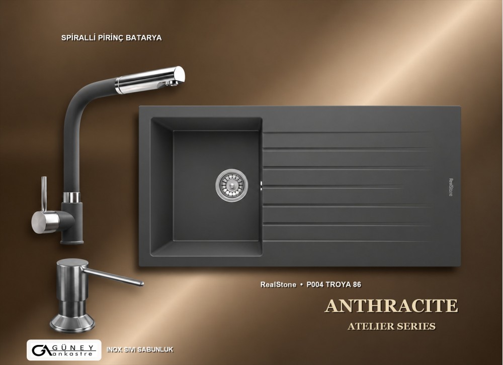 Güney Ankastre RealStone Antrasit Atelier Evye Batarya Seti - Troya 86 P004 86x50 cm + Spiralli Pirinç Batarya + Inox Sıvı Sabunluk Güney Ankastre RealStone Antrasit Atelier Evye Batarya Seti - Troya 86 P004 86x50 cm + Spiralli Pirinç Batarya + Inox Sıvı Sabunluk