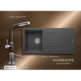 Güney Ankastre RealStone Antrasit Atelier Evye Batarya Seti - Troya 86 P004 86x50 cm + Spiralli Pirinç Batarya + Inox Sıvı Sabunluk