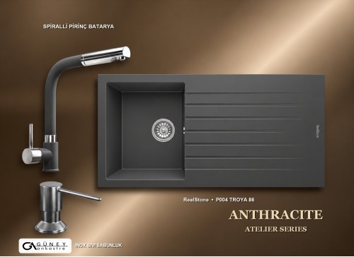 Güney Ankastre RealStone Antrasit Atelier Evye Batarya Seti - Troya 86 P004 86x50 cm + Spiralli Pirinç Batarya + Inox Sıvı Sabunluk