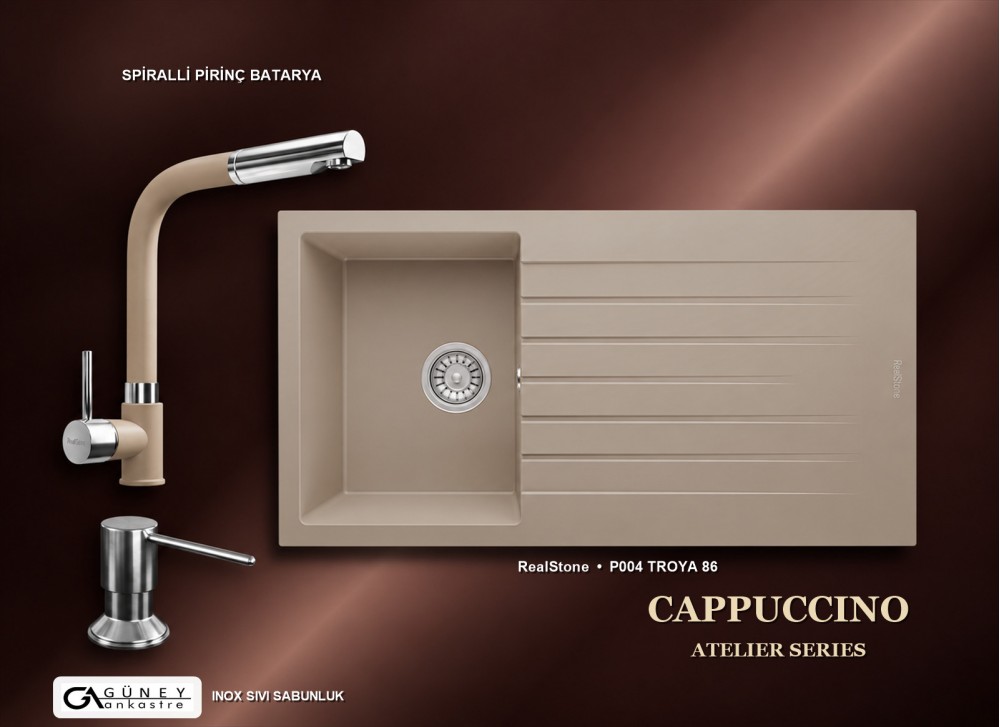 Güney Ankastre RealStone Cappuccino Atelier Evye Batarya Seti - Troya 86 P004 86x50 cm + Spiralli Pirinç Batarya + Inox Sıvı Sabunluk Güney Ankastre RealStone Cappuccino Atelier Evye Batarya Seti - Troya 86 P004 86x50 cm + Spiralli Pirinç Batarya + Inox Sıvı Sabunluk
