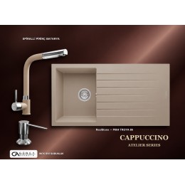 Güney Ankastre RealStone Cappuccino Atelier Evye Batarya Seti - Troya 86 P004 86x50 cm + Spiralli Pirinç Batarya + Inox Sıvı Sabunluk