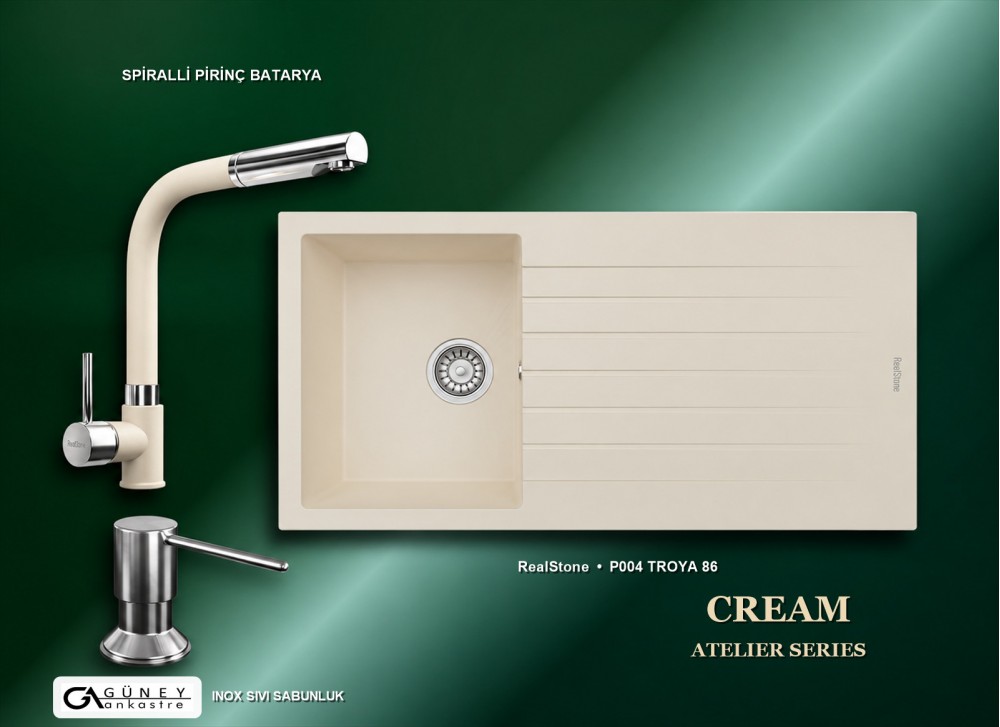 Güney Ankastre RealStone Krem Atelier Evye Batarya Seti - Troya 86 P004 86x50 cm + Spiralli Pirinç Batarya + Inox Sıvı Sabunluk Güney Ankastre RealStone Krem Atelier Evye Batarya Seti - Troya 86 P004 86x50 cm + Spiralli Pirinç Batarya + Inox Sıvı Sabunluk
