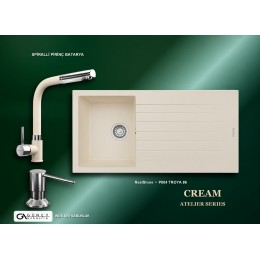 Güney Ankastre RealStone Krem Atelier Evye Batarya Seti - Troya 86 P004 86x50 cm + Spiralli Pirinç Batarya + Inox Sıvı Sabunluk