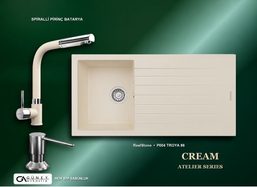 Güney Ankastre RealStone Krem Atelier Evye Batarya Seti - Troya 86 P004 86x50 cm + Spiralli Pirinç Batarya + Inox Sıvı Sabunluk
