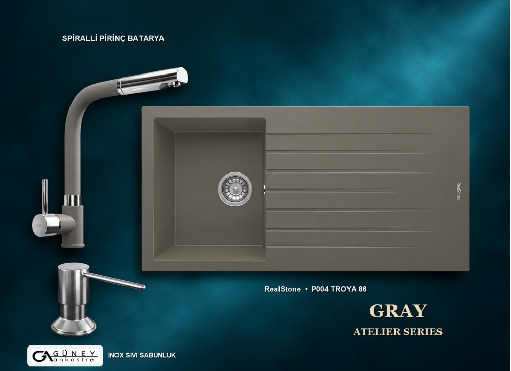 Güney Ankastre RealStone Gri Atelier Evye Batarya Seti - Troya 86 P004 86x50 cm + Spiralli Pirinç Batarya + Inox Sıvı Sabunluk Güney Ankastre RealStone Gri Atelier Evye Batarya Seti - Troya 86 P004 86x50 cm + Spiralli Pirinç Batarya + Inox Sıvı Sabunluk