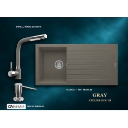 Güney Ankastre RealStone Gri Atelier Evye Batarya Seti - Troya 86 P004 86x50 cm + Spiralli Pirinç Batarya + Inox Sıvı Sabunluk