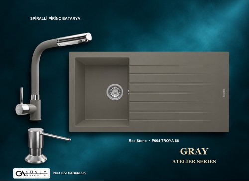 Güney Ankastre RealStone Gri Atelier Evye Batarya Seti - Troya 86 P004 86x50 cm + Spiralli Pirinç Batarya + Inox Sıvı Sabunluk
