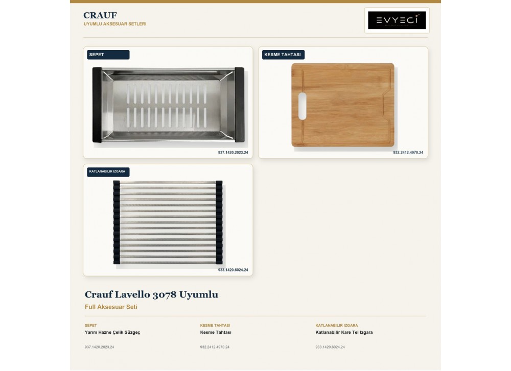 Crauf Lavello 3078 Uyumlu Full Aksesuar Seti | 3 Parça Crauf Lavello 3078 Uyumlu Full Aksesuar Seti | 3 Parça