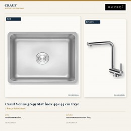 Crauf Venüs 3049 Mat İnox 49×44 cm Evye + Pesce 4060 Platinum Satin (İnox) Batarya | 2 Parça Soft Classic