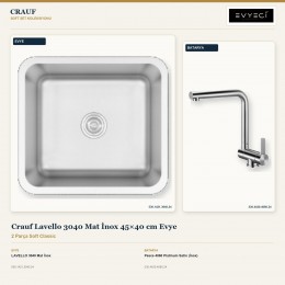 Crauf Lavello 3040 Mat İnox 45×40 cm Evye + Pesce 4060 Platinum Satin (İnox) Batarya | 2 Parça Soft Classic