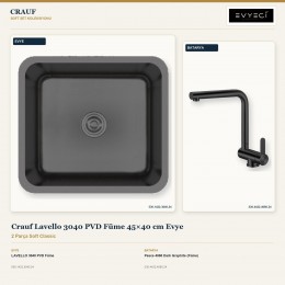 Crauf Lavello 3040 PVD Füme 45×40 cm Evye + Pesce 4060 Dark Graphite (Füme) Batarya | 2 Parça Soft Classic