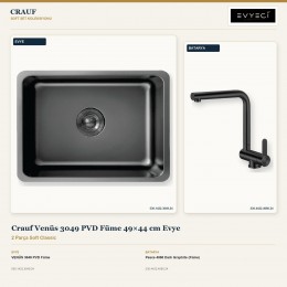 Crauf Venüs 3049 PVD Füme 49×44 cm Evye + Pesce 4060 Dark Graphite (Füme) Batarya | 2 Parça Soft Classic