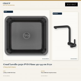 Crauf Lavello 3050 PVD Füme 49×44 cm Evye + Pesce 4060 Dark Graphite (Füme) Batarya | 2 Parça Soft Classic