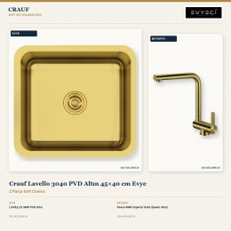 Crauf Lavello 3040 PVD Altın 45×40 cm Evye + Pesce 4060 Imperial Gold (İpeksi Altın) Batarya | 2 Parça Soft Classic