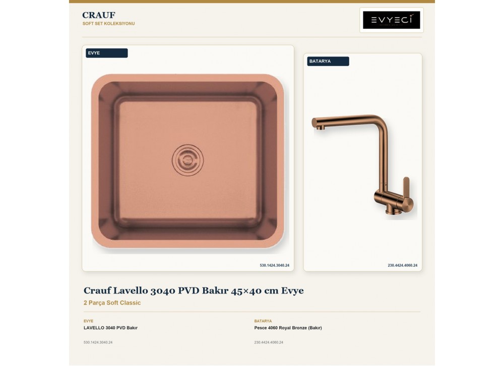 Crauf Lavello 3040 PVD Bakır 45×40 cm Evye + Pesce 4060 Royal Bronze (Bakır) Batarya | 2 Parça Soft Classic