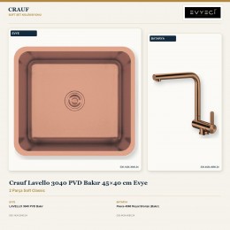 Crauf Lavello 3040 PVD Bakır 45×40 cm Evye + Pesce 4060 Royal Bronze (Bakır) Batarya | 2 Parça Soft Classic