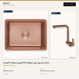 Crauf Venüs 3049 PVD Bakır 49×44 cm Evye + Pesce 4060 Royal Bronze (Bakır) Batarya | 2 Parça Soft Classic