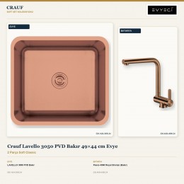 Crauf Lavello 3050 PVD Bakır 49×44 cm Evye + Pesce 4060 Royal Bronze (Bakır) Batarya | 2 Parça Soft Classic