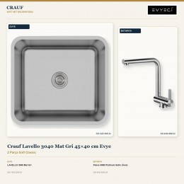 Crauf Lavello 3040 Mat Gri 45×40 cm Evye + Pesce 4060 Platinum Satin (İnox) Batarya | 2 Parça Soft Classic