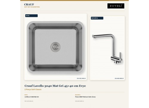 Crauf Lavello 3040 Mat Gri 45×40 cm Evye + Pesce 4060 Platinum Satin (İnox) Batarya | 2 Parça Soft Classic