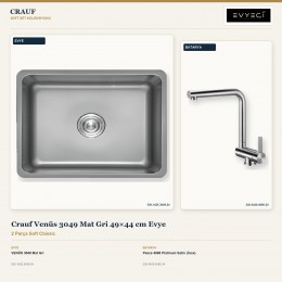 Crauf Venüs 3049 Mat Gri 49×44 cm Evye + Pesce 4060 Platinum Satin (İnox) Batarya | 2 Parça Soft Classic