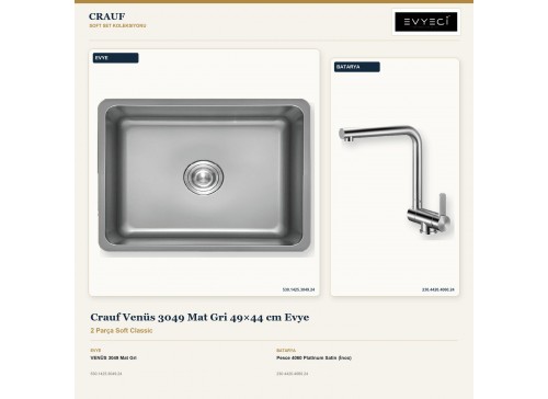 Crauf Venüs 3049 Mat Gri 49×44 cm Evye + Pesce 4060 Platinum Satin (İnox) Batarya | 2 Parça Soft Classic
