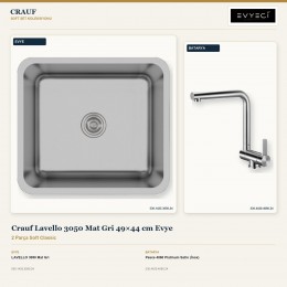 Crauf Lavello 3050 Mat Gri 49×44 cm Evye + Pesce 4060 Platinum Satin (İnox) Batarya | 2 Parça Soft Classic