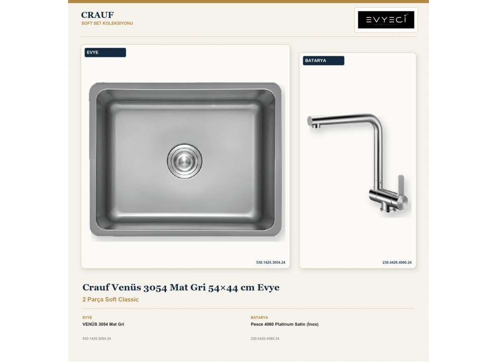 Crauf Venüs 3054 Mat Gri 54×44 cm Evye + Pesce 4060 Platinum Satin (İnox) Batarya | 2 Parça Soft Classic Crauf Venüs 3054 Mat Gri 54×44 cm Evye + Pesce 4060 Platinum Satin (İnox) Batarya | 2 Parça Soft Classic