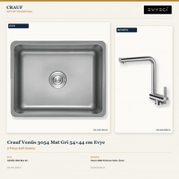 Crauf Venüs 3054 Mat Gri 54×44 cm Evye + Pesce 4060 Platinum Satin (İnox) Batarya | 2 Parça Soft Classic
