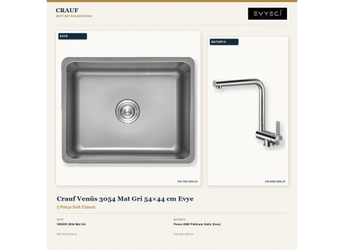 Crauf Venüs 3054 Mat Gri 54×44 cm Evye + Pesce 4060 Platinum Satin (İnox) Batarya | 2 Parça Soft Classic