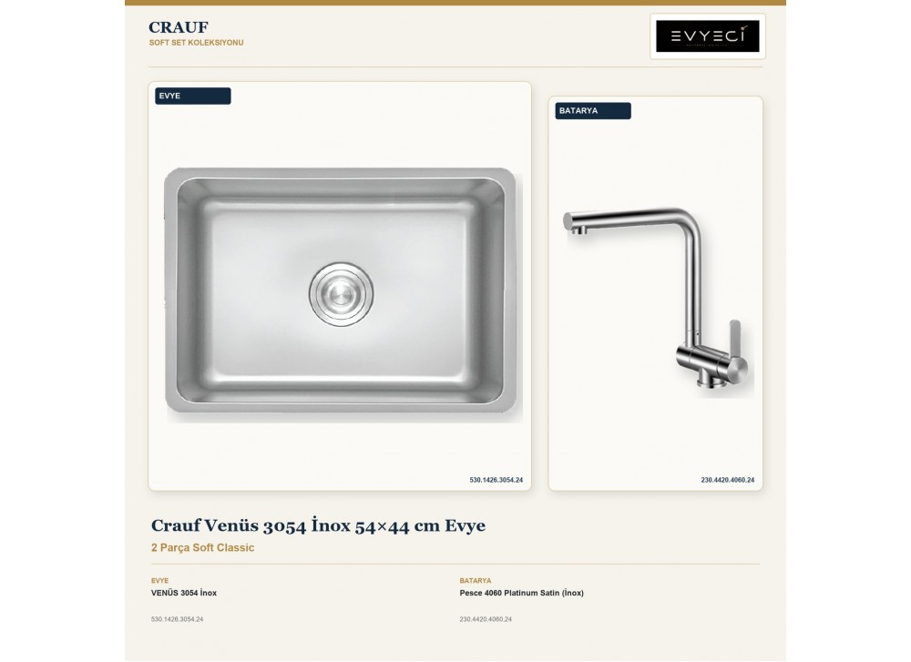 Crauf Venüs 3054 İnox 54×44 cm Evye + Pesce 4060 Platinum Satin (İnox) Batarya | 2 Parça Soft Classic Crauf Venüs 3054 İnox 54×44 cm Evye + Pesce 4060 Platinum Satin (İnox) Batarya | 2 Parça Soft Classic
