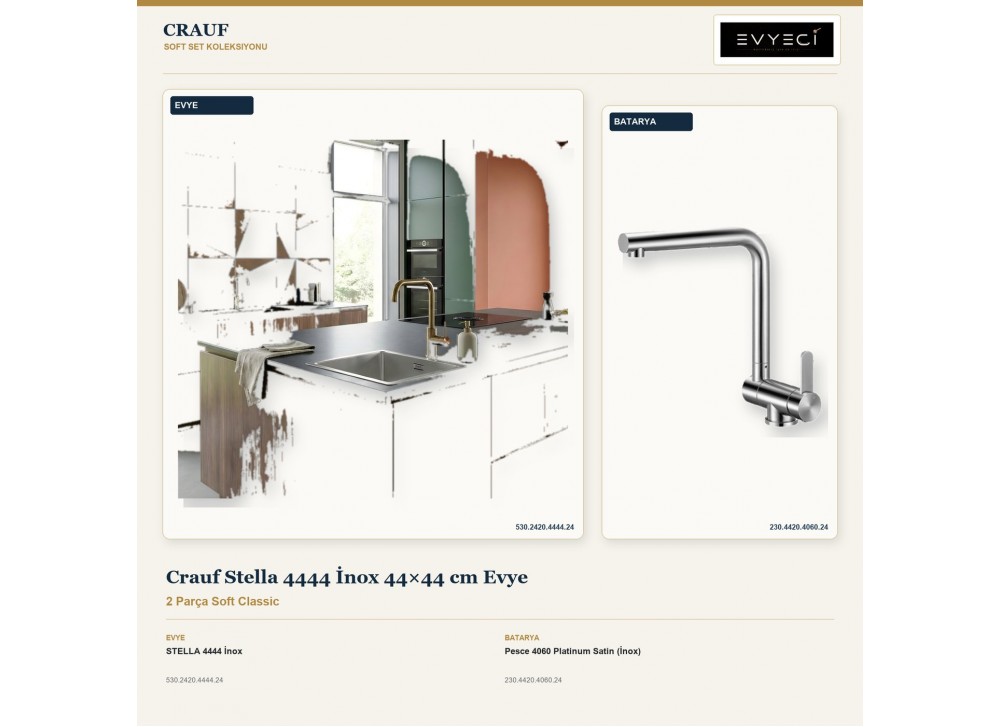 Crauf Stella 4444 İnox 44×44 cm Evye + Pesce 4060 Platinum Satin (İnox) Batarya | 2 Parça Soft Classic Crauf Stella 4444 İnox 44×44 cm Evye + Pesce 4060 Platinum Satin (İnox) Batarya | 2 Parça Soft Classic