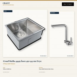 Crauf Stella 4449 İnox 49×44 cm Evye + Pesce 4060 Platinum Satin (İnox) Batarya | 2 Parça Soft Classic