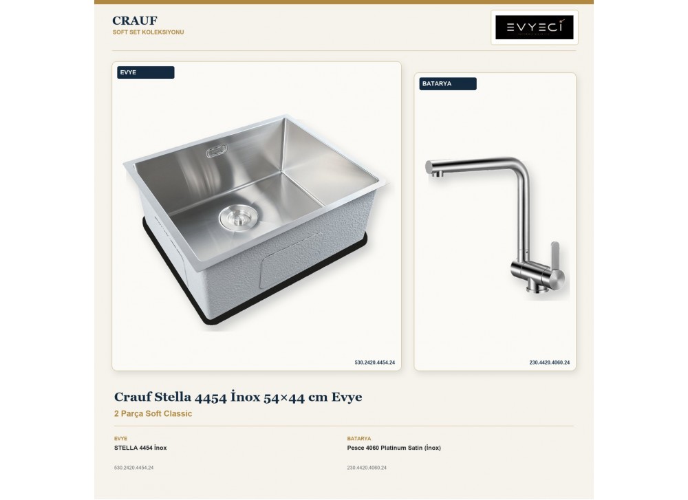 Crauf Stella 4454 İnox 54×44 cm Evye + Pesce 4060 Platinum Satin (İnox) Batarya | 2 Parça Soft Classic Crauf Stella 4454 İnox 54×44 cm Evye + Pesce 4060 Platinum Satin (İnox) Batarya | 2 Parça Soft Classic